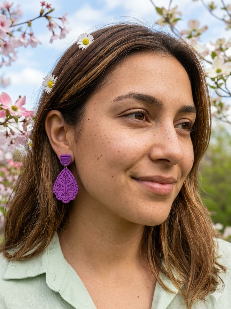 Purple Polymer Clay Garden Embossed Dangle Earring