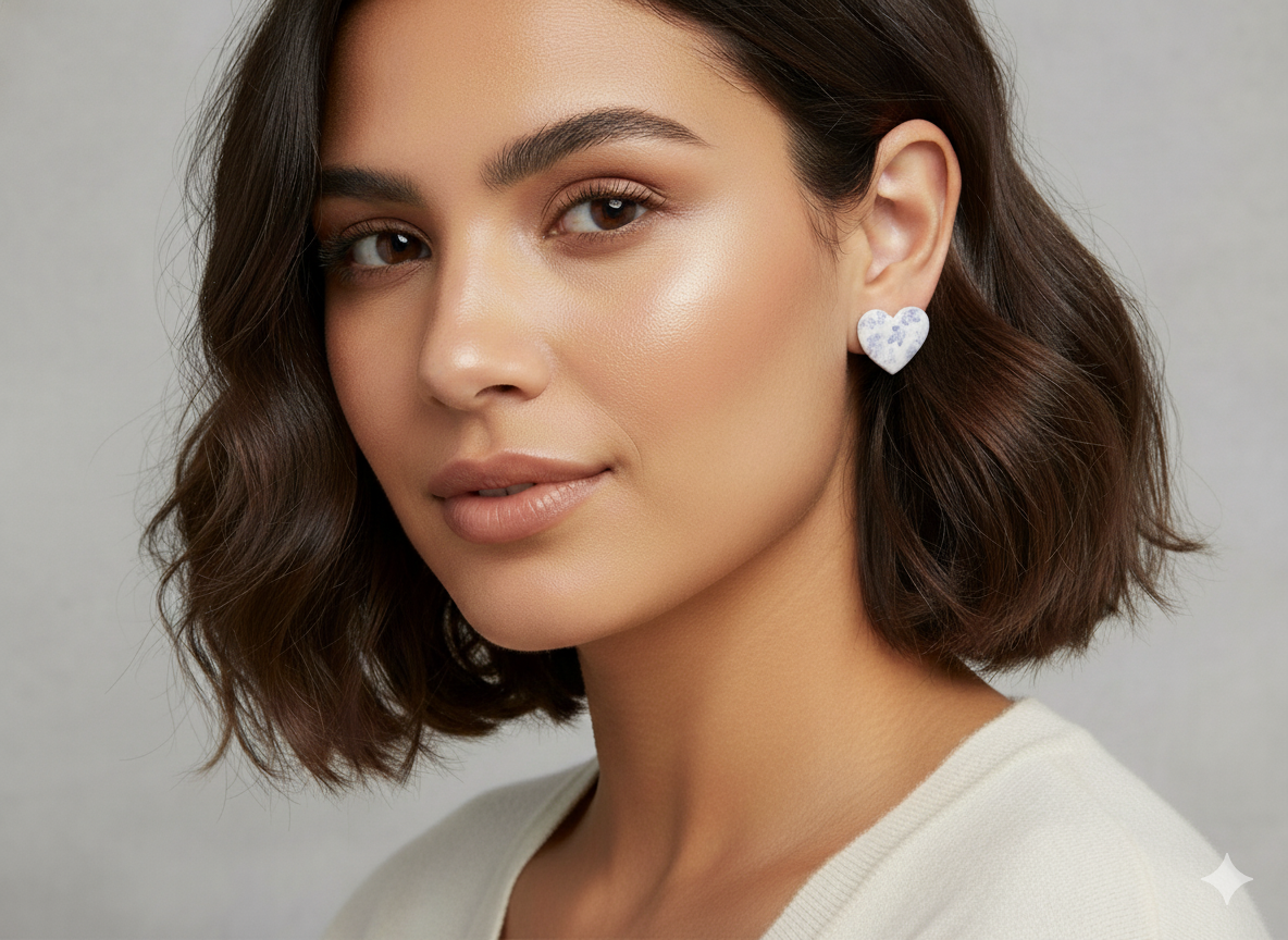 Polymer Clay Delft Blue Heart Stud Earrings