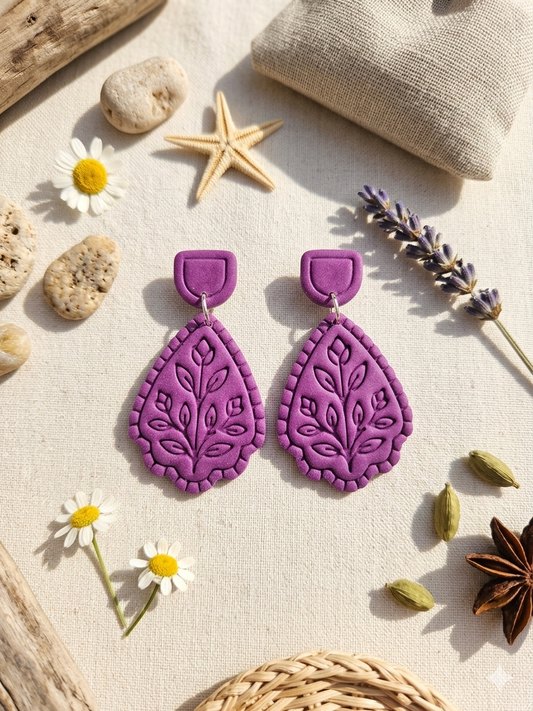 Purple Polymer Clay Garden Embossed Dangle Earring
