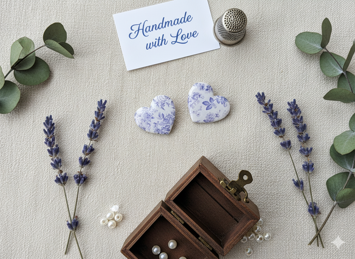 Polymer Clay Delft Blue Heart Stud Earrings