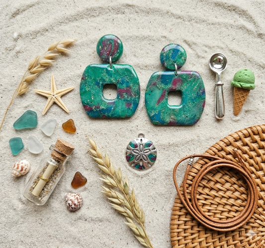 Polymer Clay Earrings - Sea Glass Marble Square Dangles