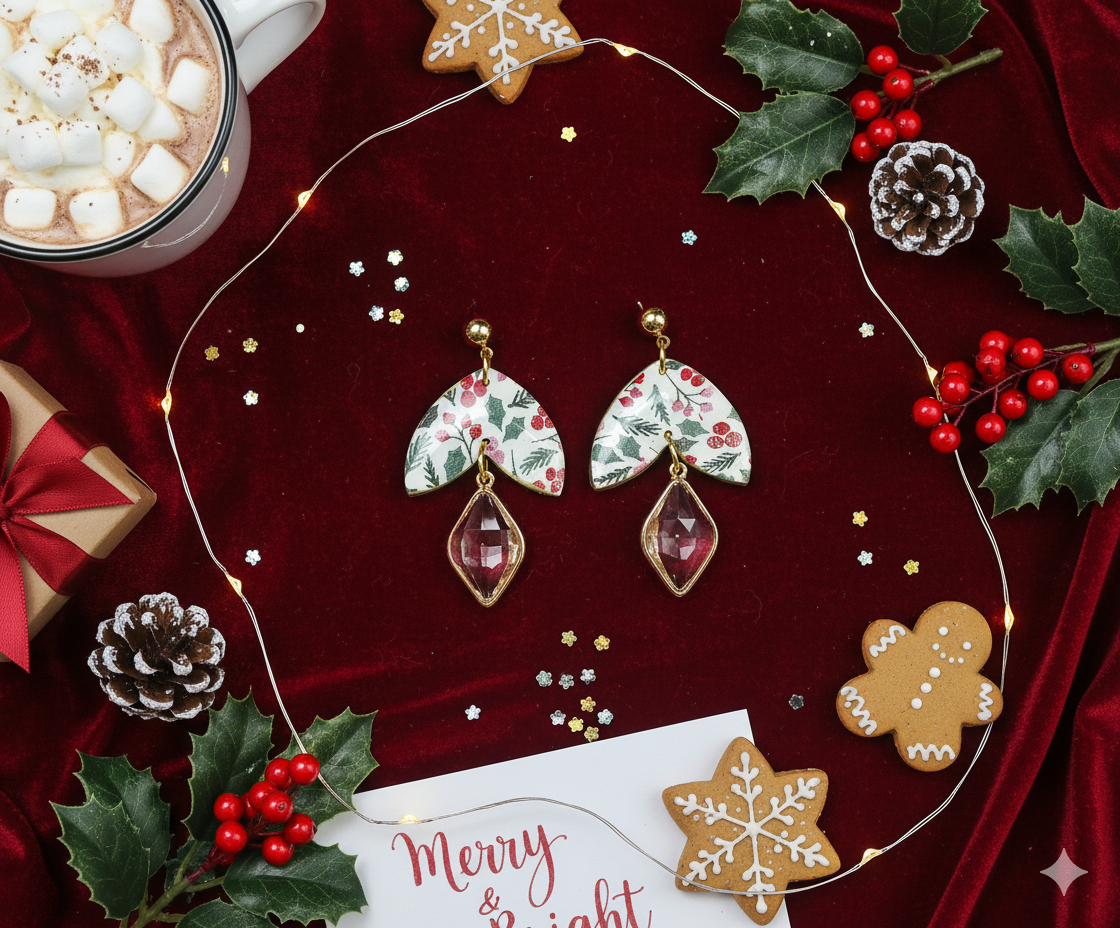 Polymer Clay Holly Print Petal Drop Earrings With Crystal Charm