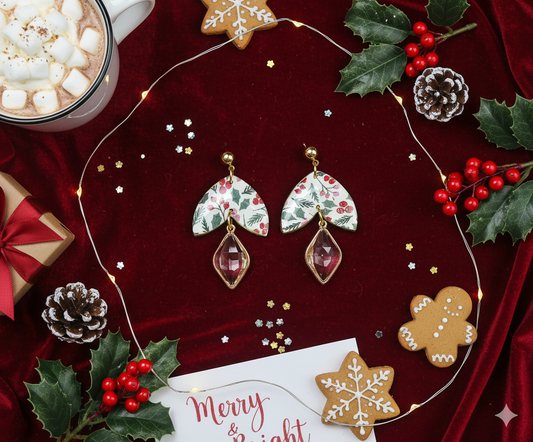 Polymer Clay Holly Print Petal Drop Earrings With Crystal Charm