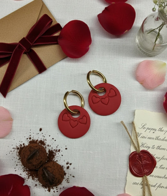 The Hearts - Stamped Heart Hoops Charm - Polymer Clay Earrings