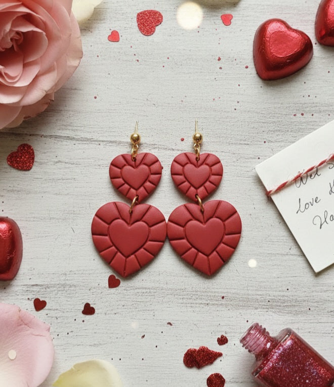 The Zara Hearts - Embossed Grooves Dangle - Polymer Clay Earrings
