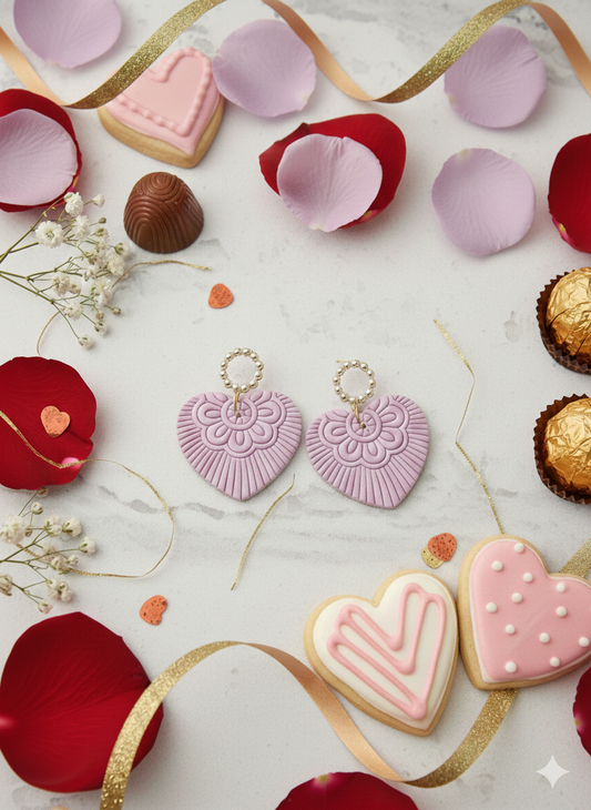 Polymer Clay Earrings - Boho Embossed Hearts.