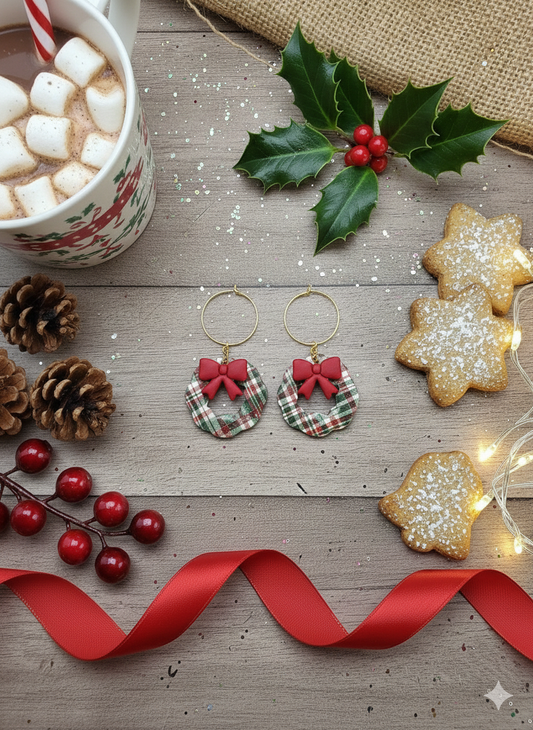 Holiday Plaid Polymer Clay Wreath Earrings